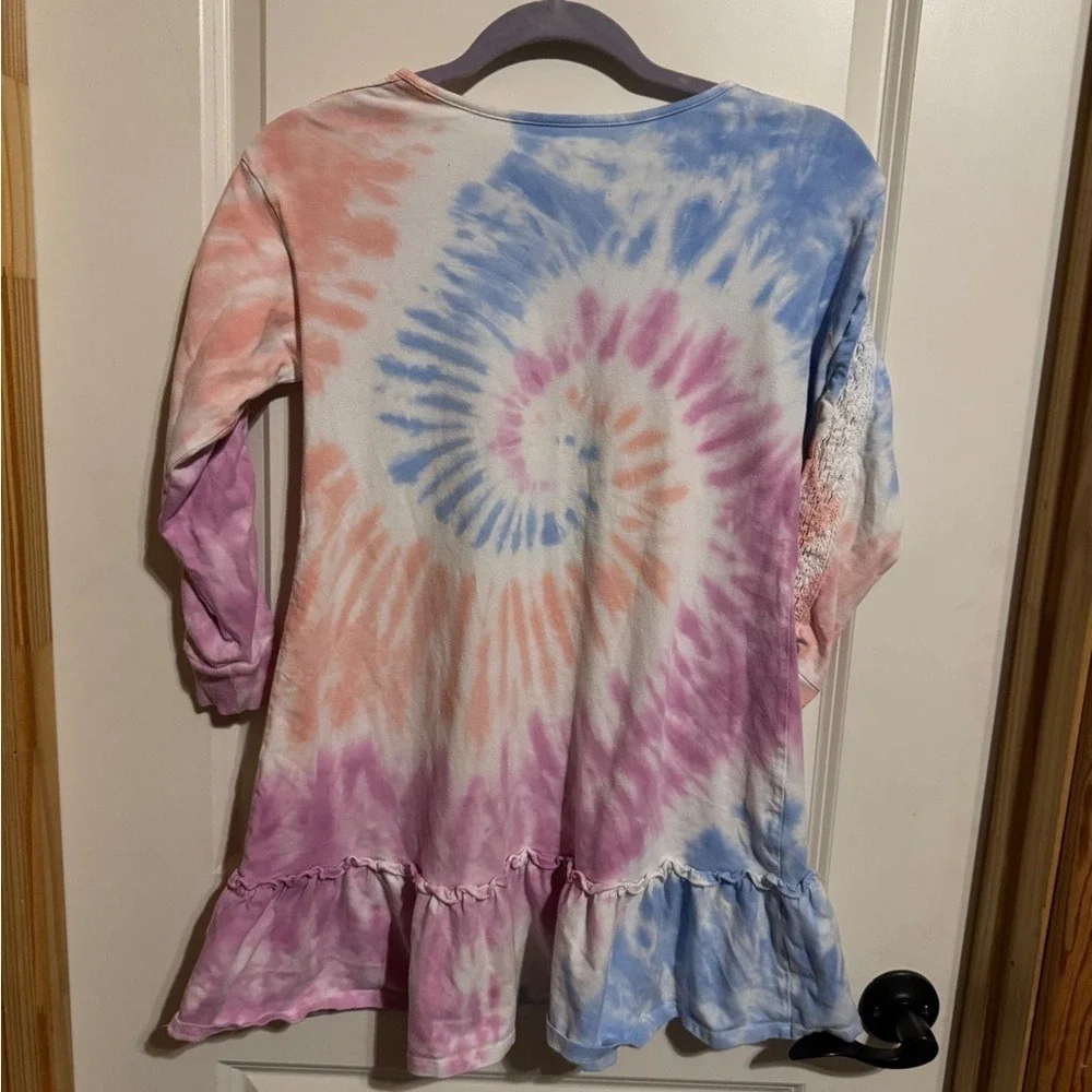 Justice Tie Dye Long Sleeve‎ Dress Lace Shoulders Ruffle Hem Size M